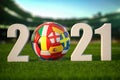 Euro 2021. Soccer Football ball with flags of european countries on the grass of football stadium Royalty Free Stock Photo