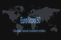 Euro Stoxx 50 Global stock market index. With a dark background and a world map. Graphic concept for your design