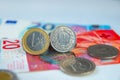 Euro and Swiss Francs banknotes and coins Royalty Free Stock Photo
