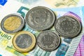 Euro and Swiss Francs banknotes and coins Royalty Free Stock Photo