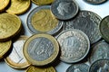 Euro and Swiss francs cents and coins Royalty Free Stock Photo