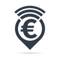 Euro symbol, address pin icon with radio wave