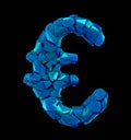 Euro symbol in a 3D illustration made of broken plastic blue color isolated on a black Royalty Free Stock Photo