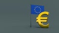 Euro symbol in front of the flag of the European Union on a neutral gray background with space for text and logo. Finance concept