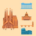 Euro trip tourism travel design famous building and euro adventure international vector illustration.