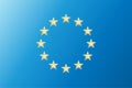 Euro union flag. Vector twelve european golden shapes stars isolated on a blue background. EU emblem sky