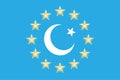 Euro union with turkey flag. Vector twelve european golden shapes stars with moon isolated on a blue background. EU emblem sky