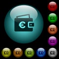 Euro wallet icons in color illuminated glass buttons