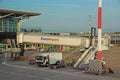 Jet bridge at International airpot EuroAirport Basel Mulhouse Freiburg serving Germany, France, Switzerland located at Saint-Louis Royalty Free Stock Photo