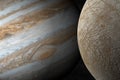 Europa satellite and Jupiter planet in rotation in the outer space. 3d render Royalty Free Stock Photo