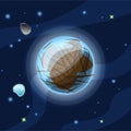 Europa, vector cartoon illustration. Blue and brown Jupiter Moon of Solar system in dark deep blue space, isolated on