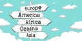 Europe, Americas, Africa, Oceania, Asia - outline signpost with five arrows