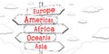 Europe, Americas, Africa, Oceania, Asia - outline signpost with five arrows