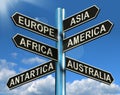 Europe Asia America Africa Antartica Australia Signpost Showing Royalty Free Stock Photo