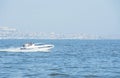 Europe, azerbaijan, baku, fast boat in caspian sea, aerial view