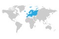 Europe continent blue marked in grey silhouette of World map. Simple flat vector illustration