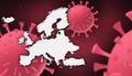 Europe corona virus update with map on corona virus background,report new case,total deaths,new deaths,serious critical,active