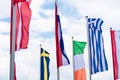 Europe countries flags against a blue sky Royalty Free Stock Photo