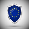 Europe flag on metal shiny shield vector illustration. Collection of flags on shield against white background. Abstract isolated o Royalty Free Stock Photo