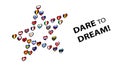 Eurovision 2019. Europe Flags made Star on white background. Song contest. With lettering Dare To Dream Illustration