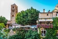 France. Moustiers-Sainte-Maries. Restaurant and the campanile