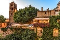 France. Moustiers-Sainte-Maries. Restaurant and the campanile