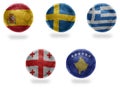Europe group B . football balls with national flags of spain, sweden, greece, georgia, kosovo, soccer teams