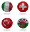 Europe group A. football balls with national flags of italy, switzerland,turkey,wales , soccer teams. 3D illustration