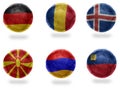 Europe group J . football balls with national flags of germany, romania, iceland, macedonia, armenia, liechtenstein , soccer teams