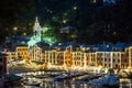 Italy. Liguria. Portofino. The colored houses of Portofino lighting by night Royalty Free Stock Photo