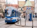 Europe, Krakow, Poland Old Town blue trams at the city centre, means of rail transport, public transportation, European city life