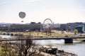 Europe, Krakow, Poland, Vistula River Hotel Forum boulevard river bank panorama, cityscape. Balloon, ferris wheel, wide city view