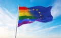 Europe lgbt pride flag waving in the wind at cloudy sky. Freedom and love concept. Pride month. activism, community and freedom