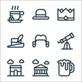 europe line icons. linear set. quality vector line set such as beer mug, parthenon, arc de triomphe, telescope, wig, hat, crown, Royalty Free Stock Photo