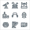 Europe line icons. linear set. quality vector line set such as book, harp, pretzel, knight, wig, whiskey, viking helmet, parthenon