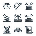 europe line icons. linear set. quality vector line set such as drawing, spanish hat, windmill, saint paul cathedral, viking helmet