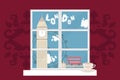 Europe London view window vector illustration. Double-decker red bus ride near cartoon Bigben, London Eye and Tower