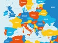 Europe map - 4 bright color scheme. High detailed political map of european continent with country, ocean and sea names