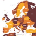 Europe map - brown orange hue colored on dark background. High detailed political map of european continent with country