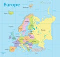 Europe map colorful, new political detailed map, separate individual states, with state city and sea names, blue background Royalty Free Stock Photo