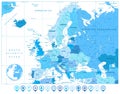 Europe Map in Colors of Blue and Map Markers