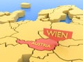 Europe map focused on Austria, Wien. Isolated on white. 3D render