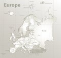 Europe map, new political detailed map, separate individual states, with state city and sea names, natural paper 3D shadow