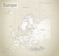 Europe map, new political detailed map, separate individual states, with state city and sea names, old paper background Royalty Free Stock Photo