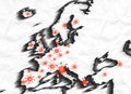 Europe map showing the outbreak of corona virus covid-19 in sketch and kirlian aura styles