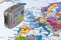 Europe map and travel case with stickers (my photos) Royalty Free Stock Photo