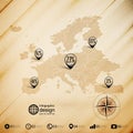 Europe map, wooden design background, infographics