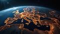 Europe modern cities lights at night from space. World map view showing urbanisation, tech infrastructure, data communication. Royalty Free Stock Photo