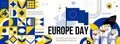 Europe national or independence day banner for country celebration. Flag and map of European Union with raised fists.