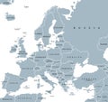 Europe with part of Middle East, Western Eurasia, gray political map Royalty Free Stock Photo